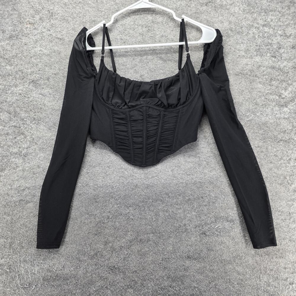 White Fox Corset Top Womens M Black Mesh Boned Zip Polyester Spandex Ruffle